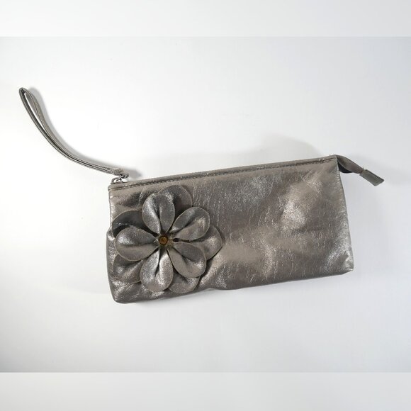 Sephora Other - Vintage Sephora Clutch Cosmetic Bag Flower ~ With Wrist Strap ~ Silver Metallic